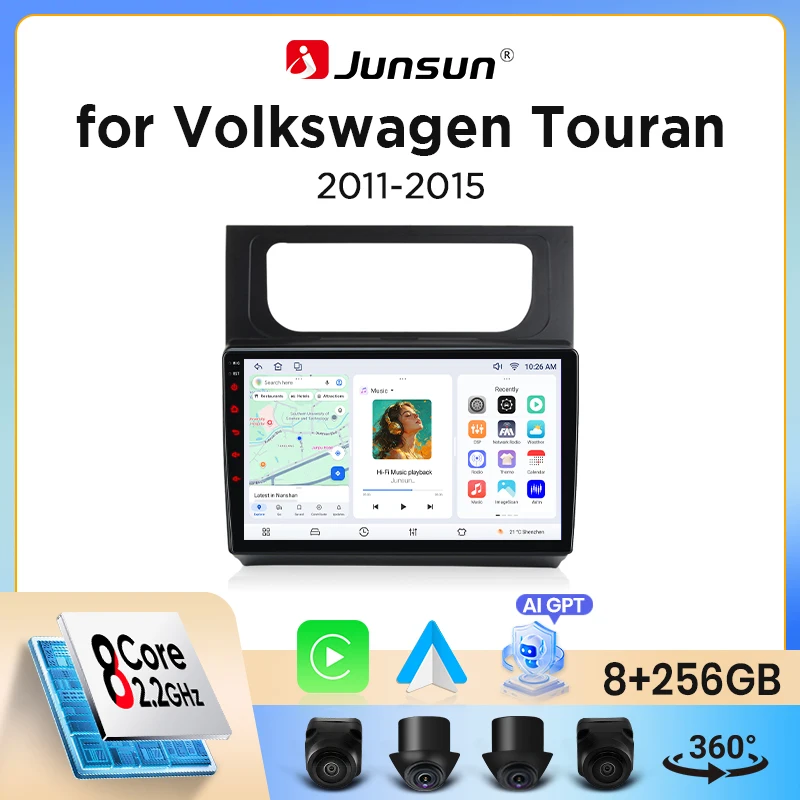 Image of Junsun Wireless CarPlay Android Auto Autoradio für Volkswagen (VW) Touran Mk1 (Typ 1T3) 2010-2015 mit eingebautem Lüfter, Android GPS Navigation, Multimedia Player, WiFi, DSP, RDS, BT, SWC, IPS