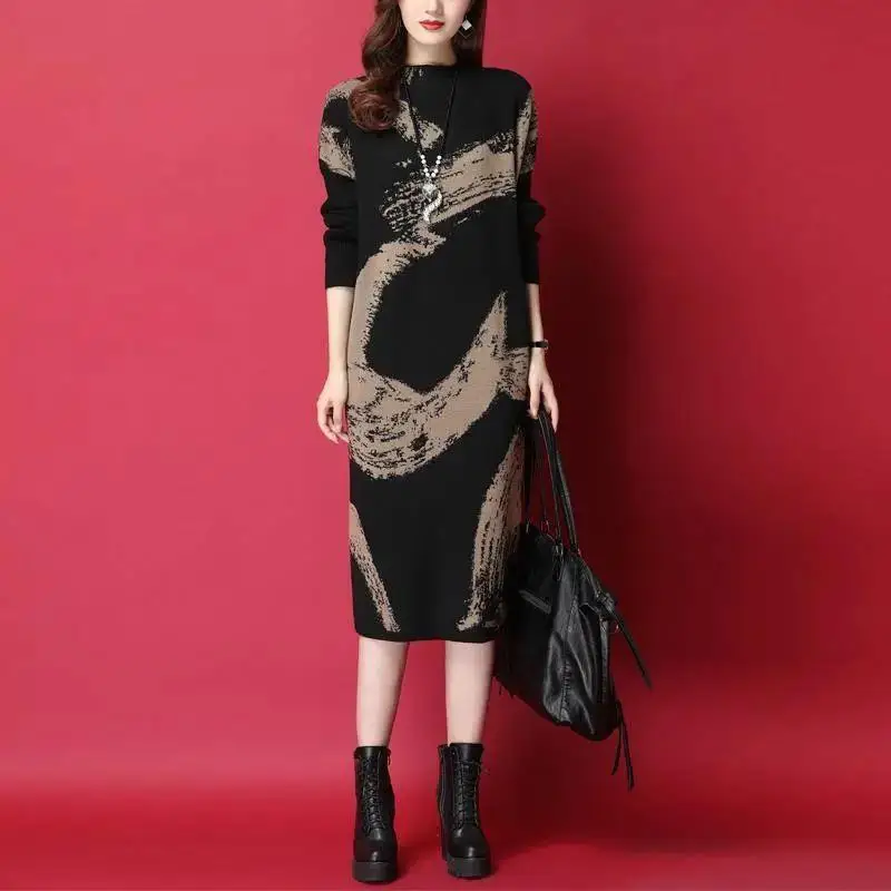 Women's Autumn and Winter New Fashion Pullover Half High Collar Patchwork Printing Loose Slimming Long Sleeve Over Knee Dress