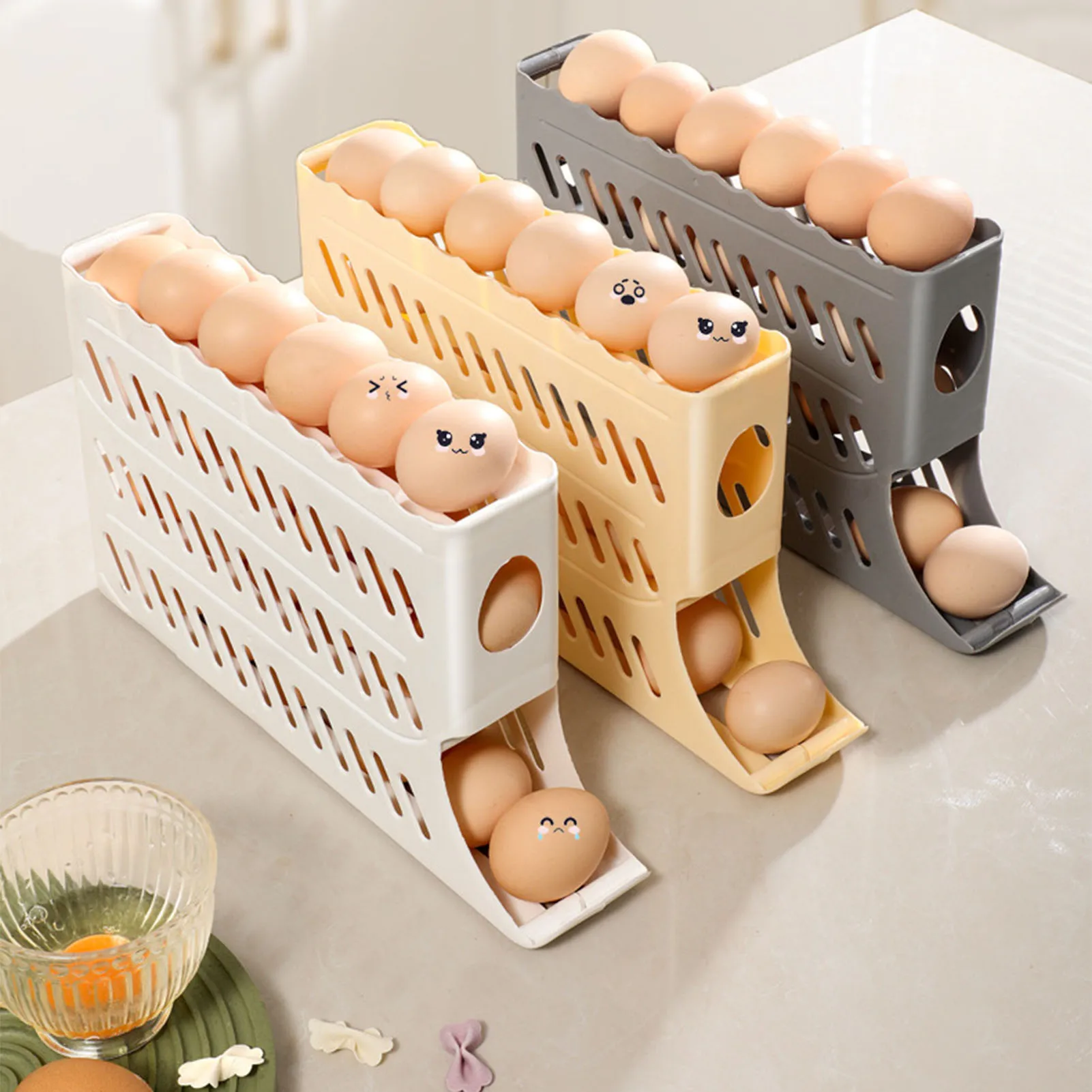 

4-Tier Egg Storage Box Automatic Scrolling Egg Rack Holder Refrigerator Organizer Food Containers Egg Basket Kitchen Storage Box