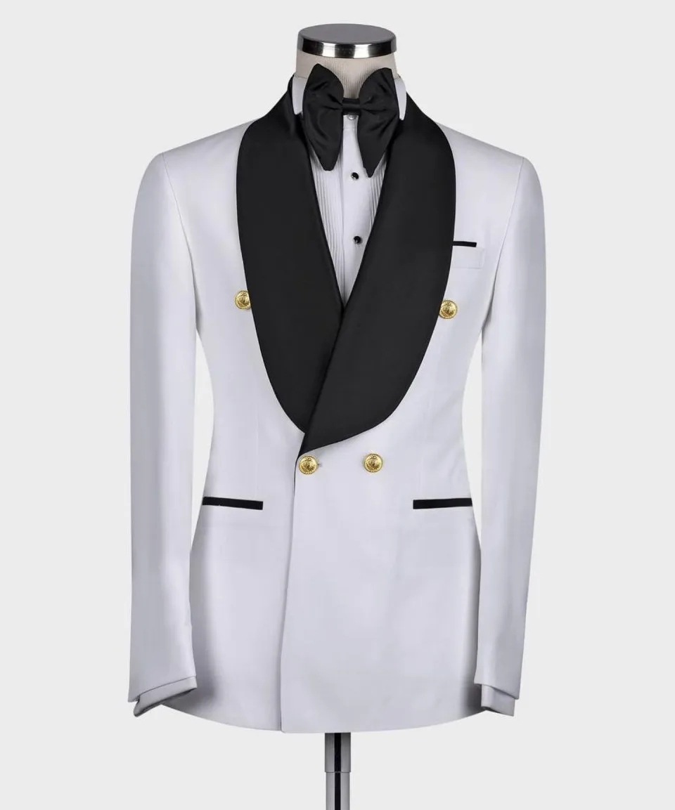 Male Fashion Suits  Double Breasted Jacket Pants 2 Pieces Formal Business Prom Party Suit White Groom Tuxedo for Wedding