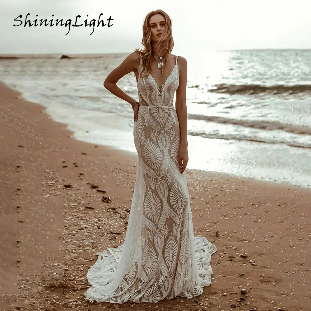 

ShiningLight Chic Bohemia Mermaid Wedding Dress Spaghetti Straps Backless Sexy Lace Bridal Gowns Boho Vestido Novia Customized
