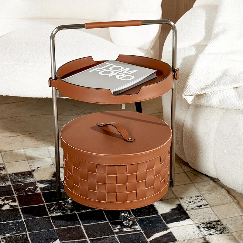 Luxury Modern round leather Storage trolley for home decoration