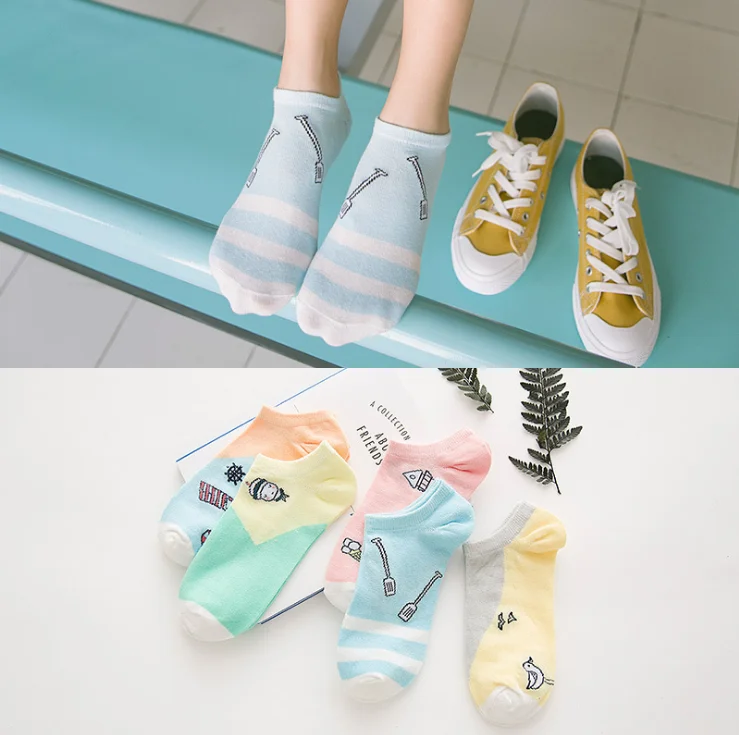 5 Pairs Women Girls Cute Cartoon Cotton Socks Short Summer Ankle Socks