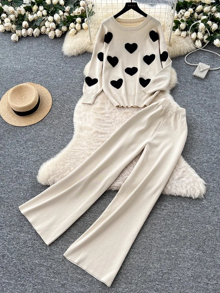 

Модный вязаный комплект, универсальный пуловер с круглым вырезом и длинными рукавами, свитер + эластичные широкие брюки с высокой талией, женская одежда