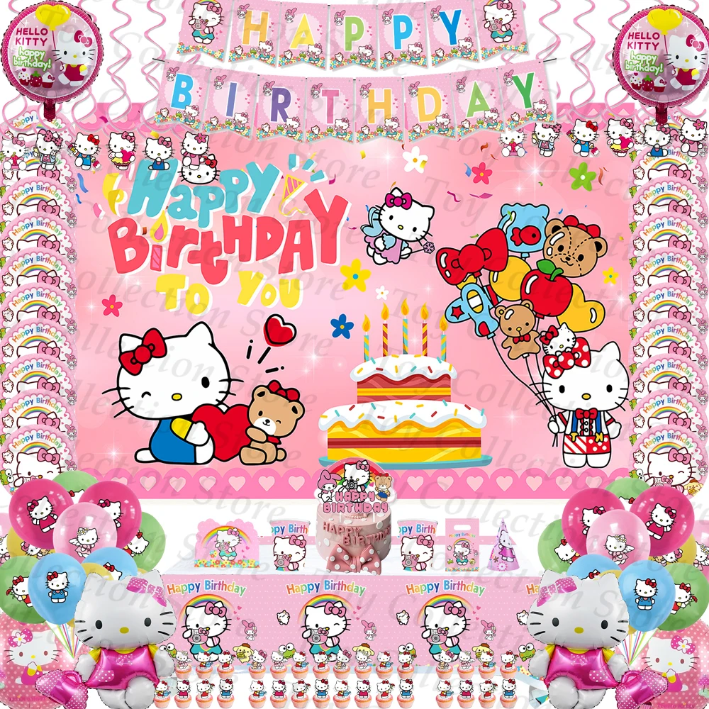 

Amine Hello Kitty Girls Birthday Party Decoration And Table Accessories Plate Cup Tablecloth Foil Ballon Set Party Gift Supplies