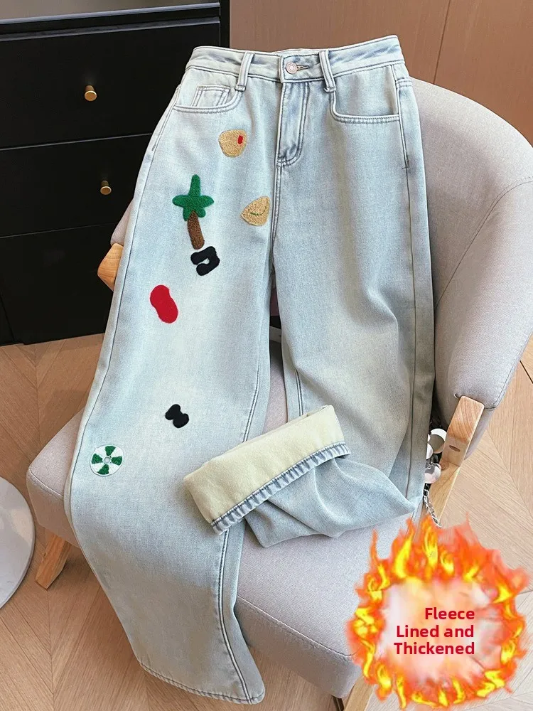

High Waist Thiened Denim Embroidered Baby Velvet Fce Lined Wide Leg Jeans for Young Women Winter Straight Cut Loose Fit