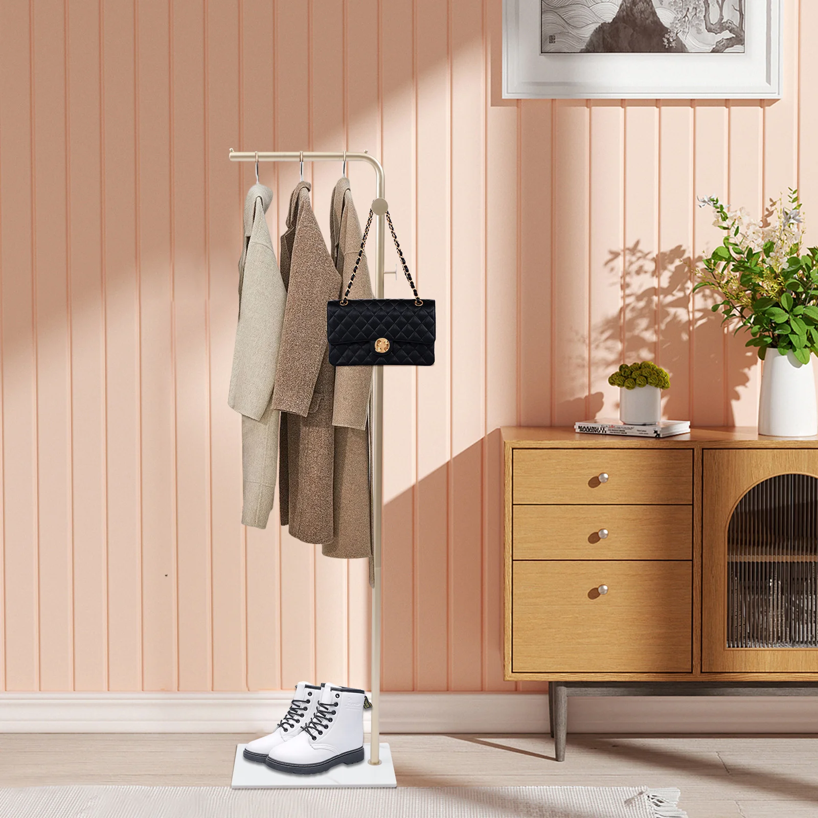 رف معطف معدني قائم بذاته، حامل معطف بقاعدة من الرخام الطبيعي مع 3 خطافات، منظم شجرة قاعة المدخل للسترات والقبعات والحقائب #3