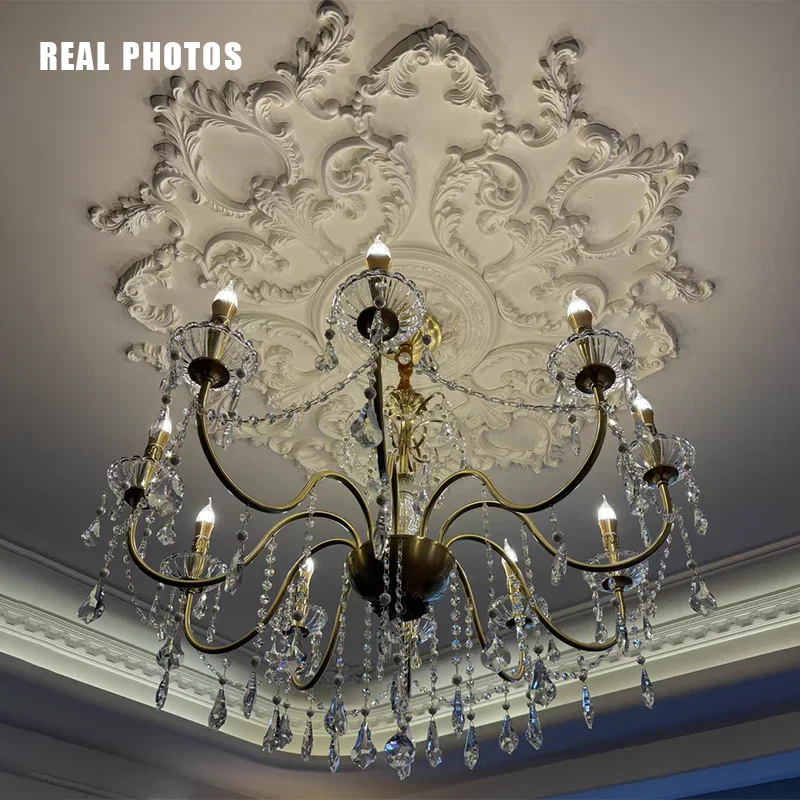 American Retro Gold Luxurious Brass Crystal Chandelier Villa Living Dining Bedroom Room Candle Lights Lustre Decor Pendant Lamps