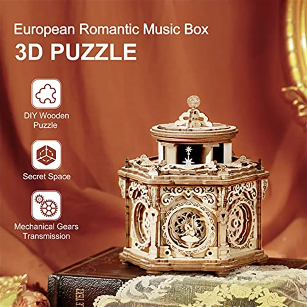 Robotime Secret Garden DIY Mechanical Music Box Kit 3D Wooden Puzzle Box for Adults Self-Assembly Building Project