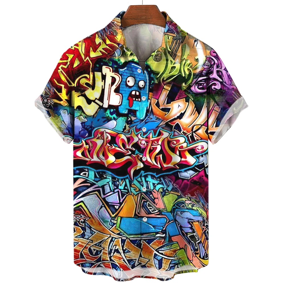 Hip Hop Men's Short Sleeved Shirts Graffiti 3d Print Shirt For Men 2024 New Oversized Streetwear Casual Top Men's Clothing 5xl