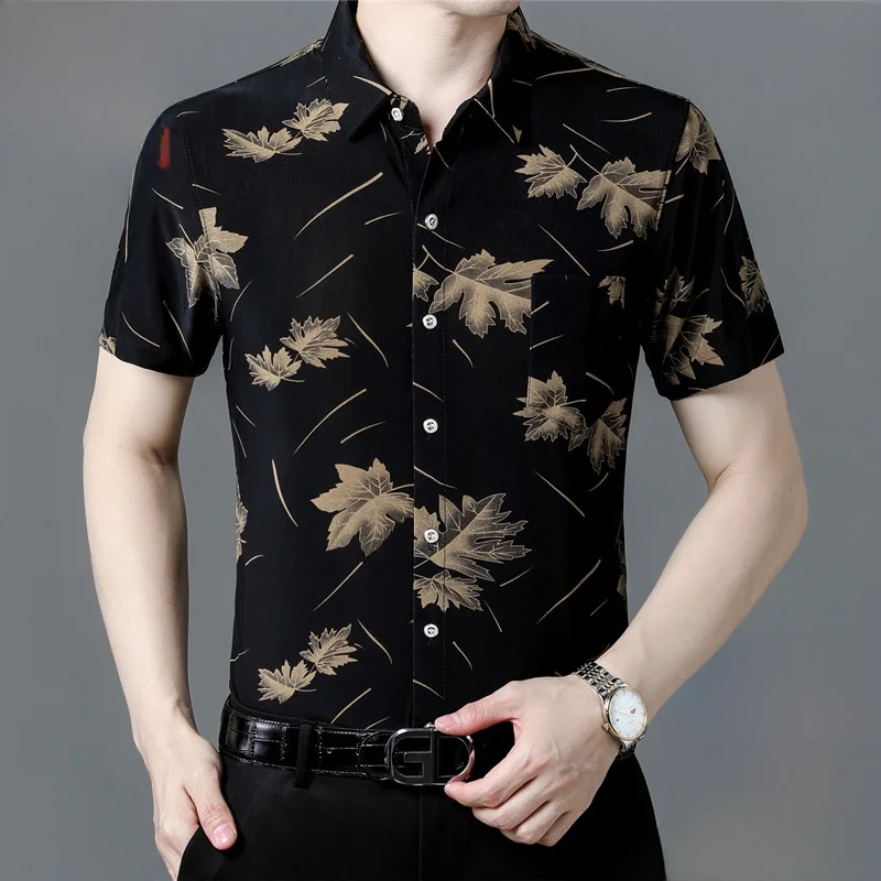 

Summer Loose Floral Print Silk Casual irt Men's f Sve ort Sve Faion Urban Sle Chinese Clothing Brand