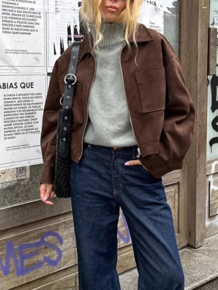 

Retro Suede Short Jacket Women Autumn 2025 New Fashion Loose Casual Turn Down Collar Zipper Outerwear Street Chic Office Coat