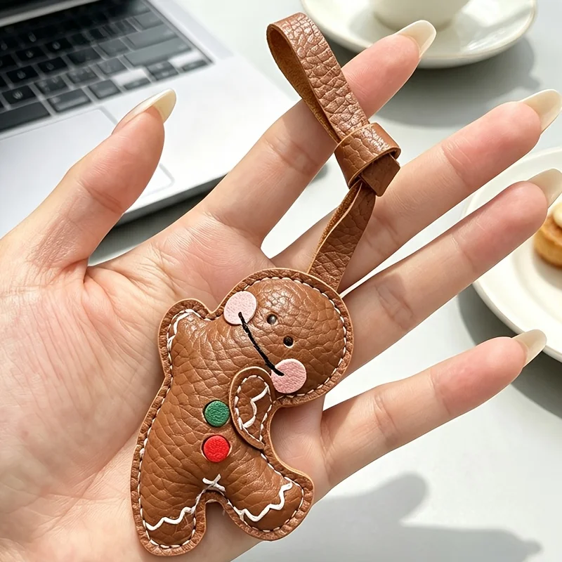 Faux Leather Gingerbread Man Pendant Hand Sewing Blush Little Person Keychain Bag Charm Cute Christmas Decor Backpack Accessory