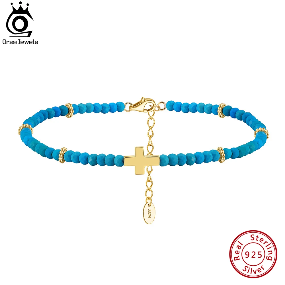 

ORSA JEWELS 925 Sterling Silver Natural Turquoise Anklet with 14K Gold Cross for Women Dainty Vintage Straps Jewelry SA86