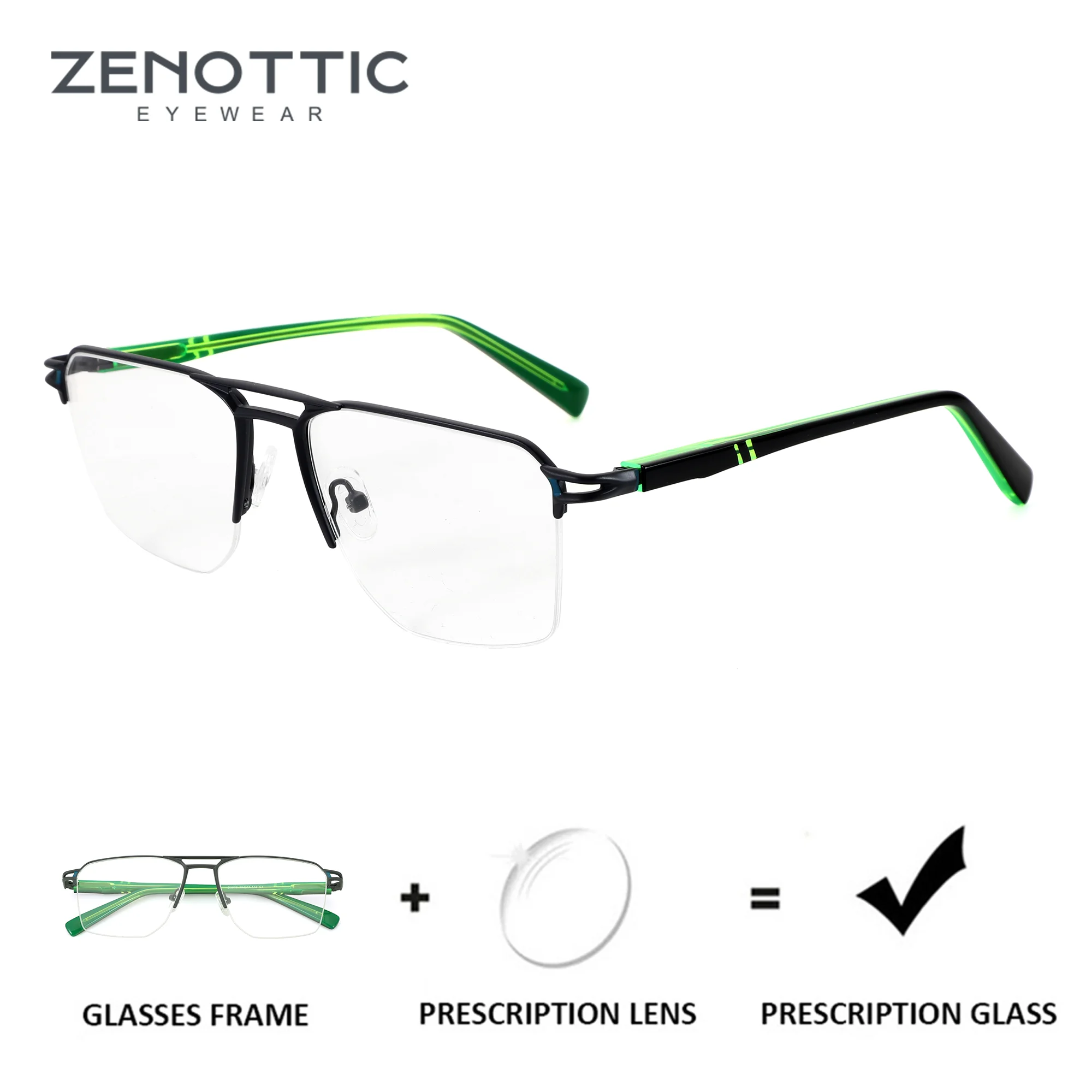 zenottic-l-サイズメタルハーフリムパイロット処方メガネ男性用近視段階メガネフォトクロミックカスタムレンズ