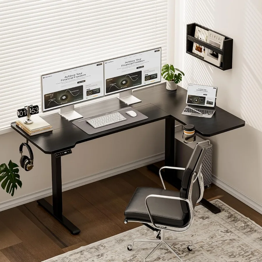مكتب قائم بارتفاع قابل للتعديل على شكل حرف L مقاس 59 بوصة للمكتب المنزلي وإعداد الألعاب، طاولة كمبيوتر كهربائية مع عكس