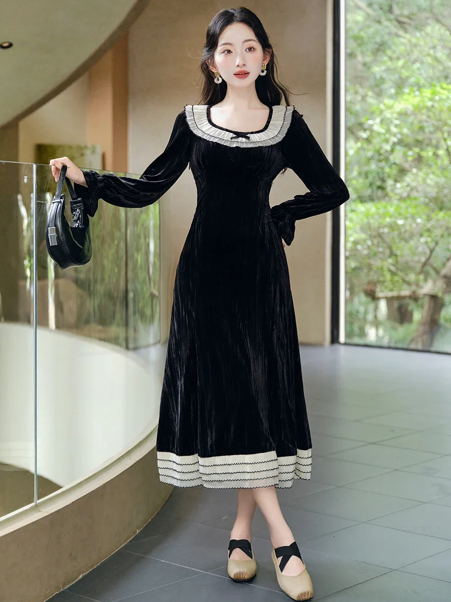 Women Velvet Dresses Black Fall Flare Sleeves Fashion Ruffle Bow Chic Square Neck Vestidos Elegant Lady French Style Retro Dress