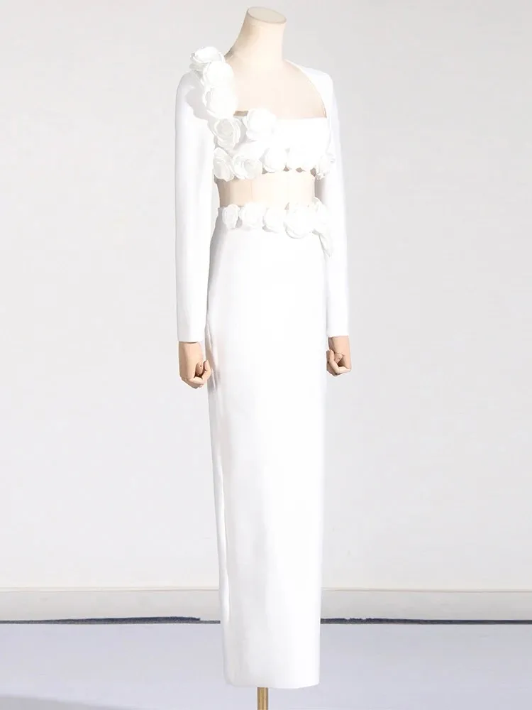 BPN Temperament Two Piece Sets For Women Square Collar Long Sleeve Spliced Appliques Tops High Waist Skirts Elegant Set Female