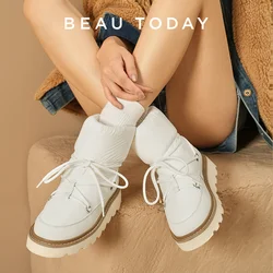 BEAUTODAY Down Snow Boots Women Cow Leather Round Toe Platform Slip on Cross Tied Design Winter Ankle Botas Handmade 08073