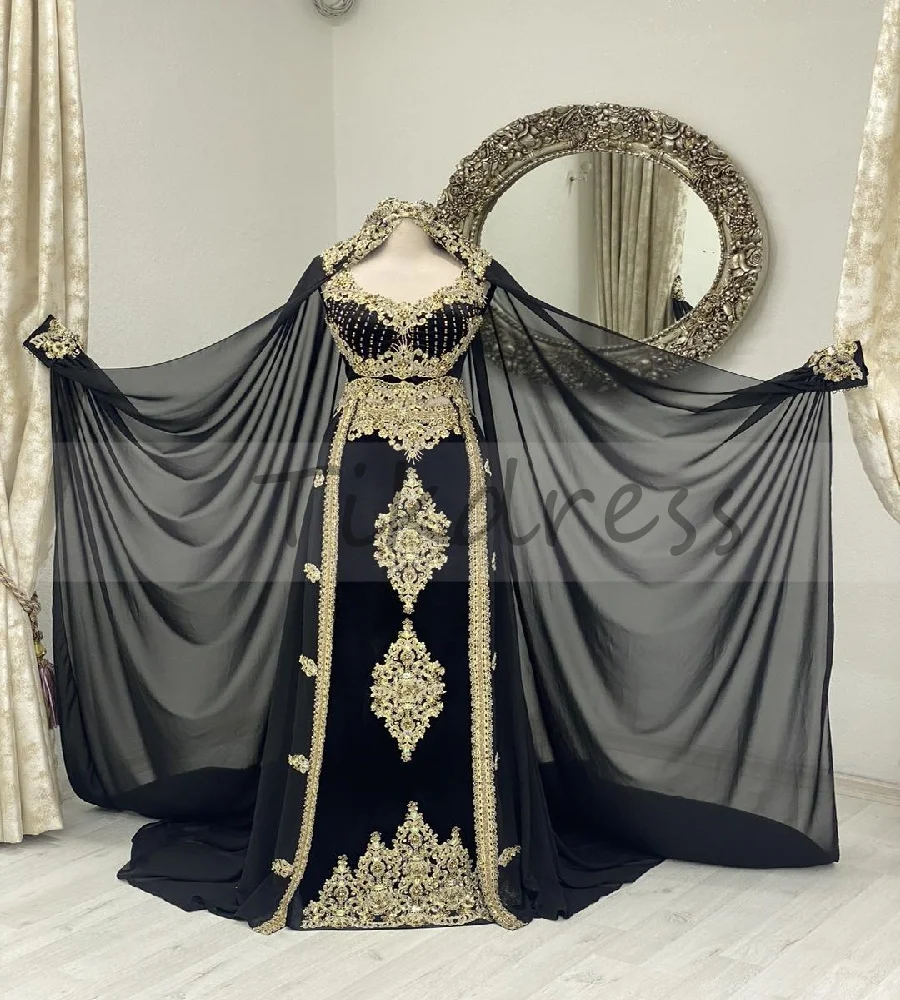 

Traditional Black Moroccan Prom Dress With Cape Elegant Gold Lace Takchita Islamic Evening Dress Muslim Abaya Formal Customized