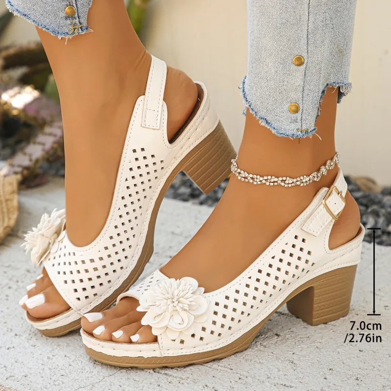 Peep Toe Bloem Versierd Dikke Hoge Hakken Voor Vrouwen 2025, Nieuwe Mode Casual Effen Kleur Gesp Romeinse Sandalen