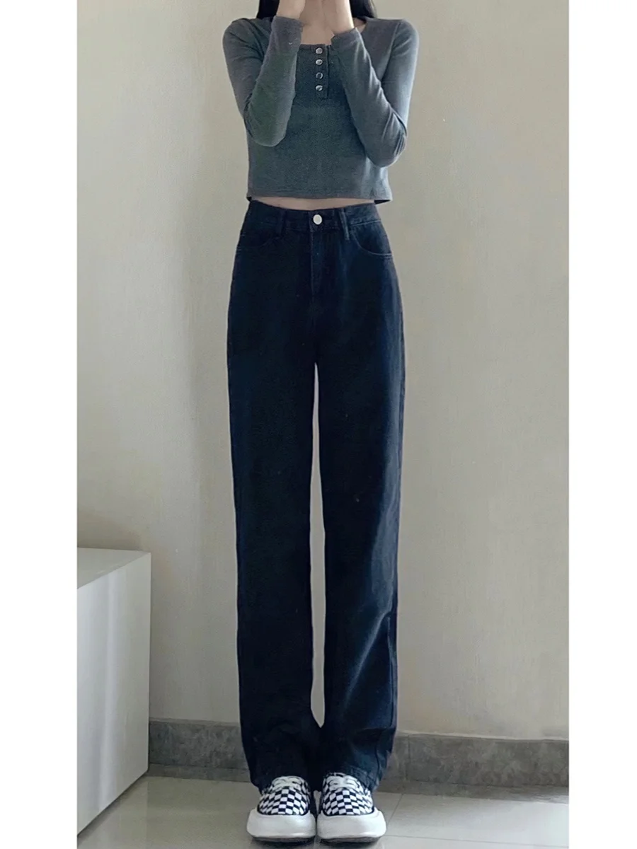 Jeans svasati a vita alta Pantaloni lunghi skinny foderati con gamba dritta taglie forti da donna Autunno New Sle Jeans blu intenso