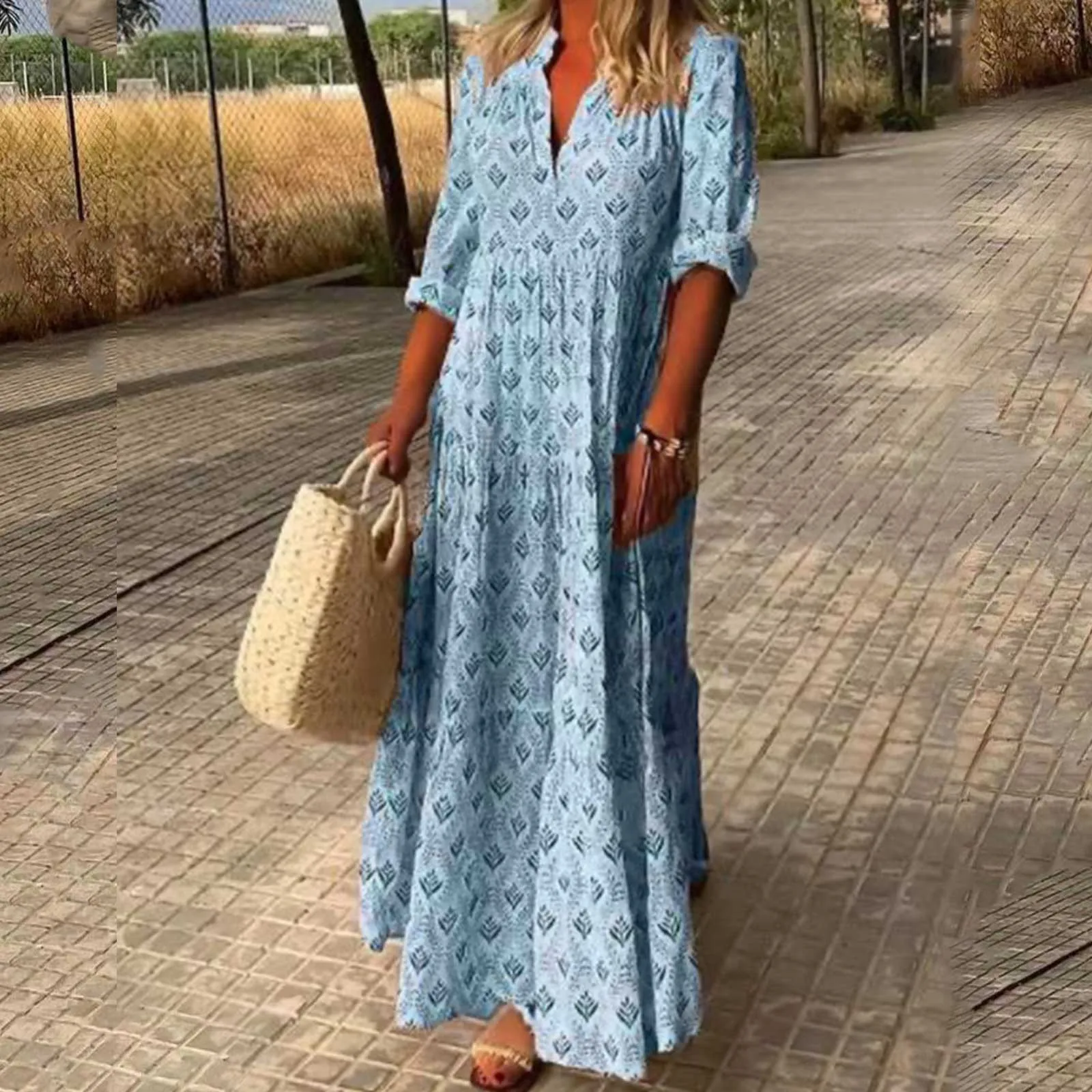 

Vintage Bohemian Holiday Long Dress for Women Casual V-neck Loose Floral Print Long Sleeve Swing Dresses Female Party Vestidos