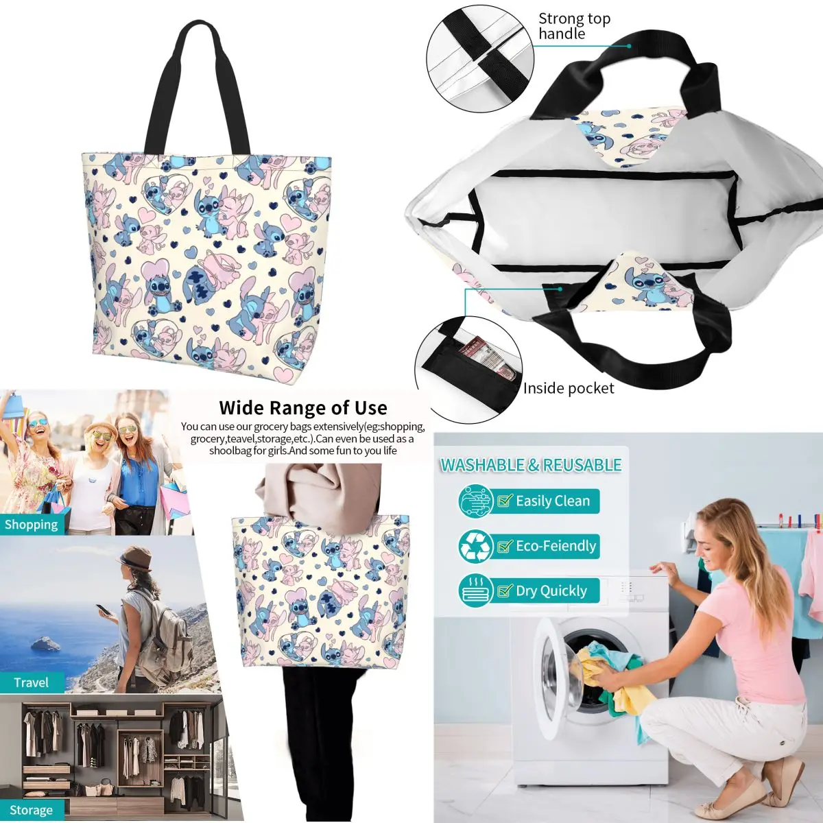 Street Womens Stitch und Angel Love Tote Einkaufstasche große Kapazität leichte Handtaschen