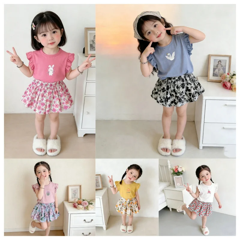

Girls' summer outfit, stylish and cute short-sleeved set for baby girlsTNew style children's summer clothing two-piece set: shir