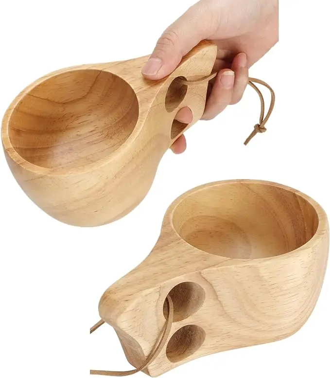hot saltDual Handle Wooden Camping Mug Wood Camp Mug with Leather Lanyard Nordic Style Drinking Cup Portable Hiking Tableware