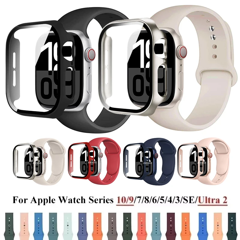 Gehäuse + Armband aus gehärtetem Glas, PC-Gehäuse für Apple Watch Band 11, 10, 9, 8SE, 46 mm, 42 mm, 45 mm, 44 mm, 41 mm, Displayschutzfolie, Stoßstange, iWatch-Band