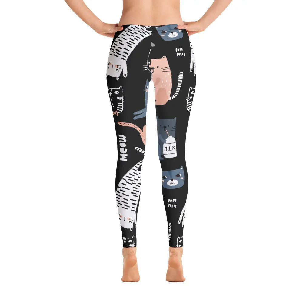 Kitten print stretch slim-fit elastic waist casual leggings for women