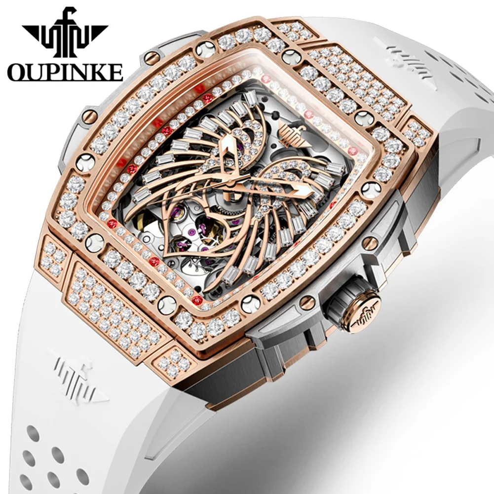 OUPINKE Top Luxury Brand Mechanical Women Watch Love Angel Wings Design Skeleton Automatic Elegant White Ladies Wristwatch New