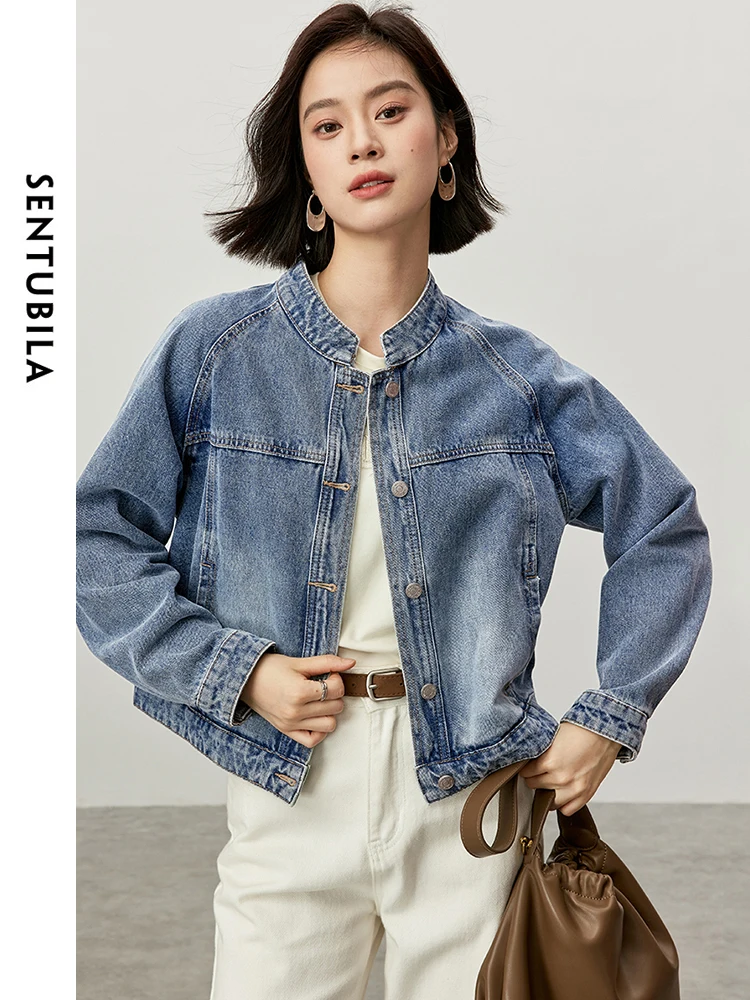 

SENTUBILA 100% Cotton Denim Jackets for Women 2024 Autumn Fashion Straight Retro Washed Stand Neck Long Sleeve Coat W43W56613