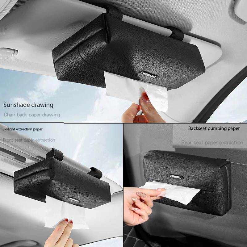 WeiHao Car Tissue Box Holder Leather Car Center Console Armrest Napkin Box Sun Visor Backseat Tissue Case with Fix Strap 2024