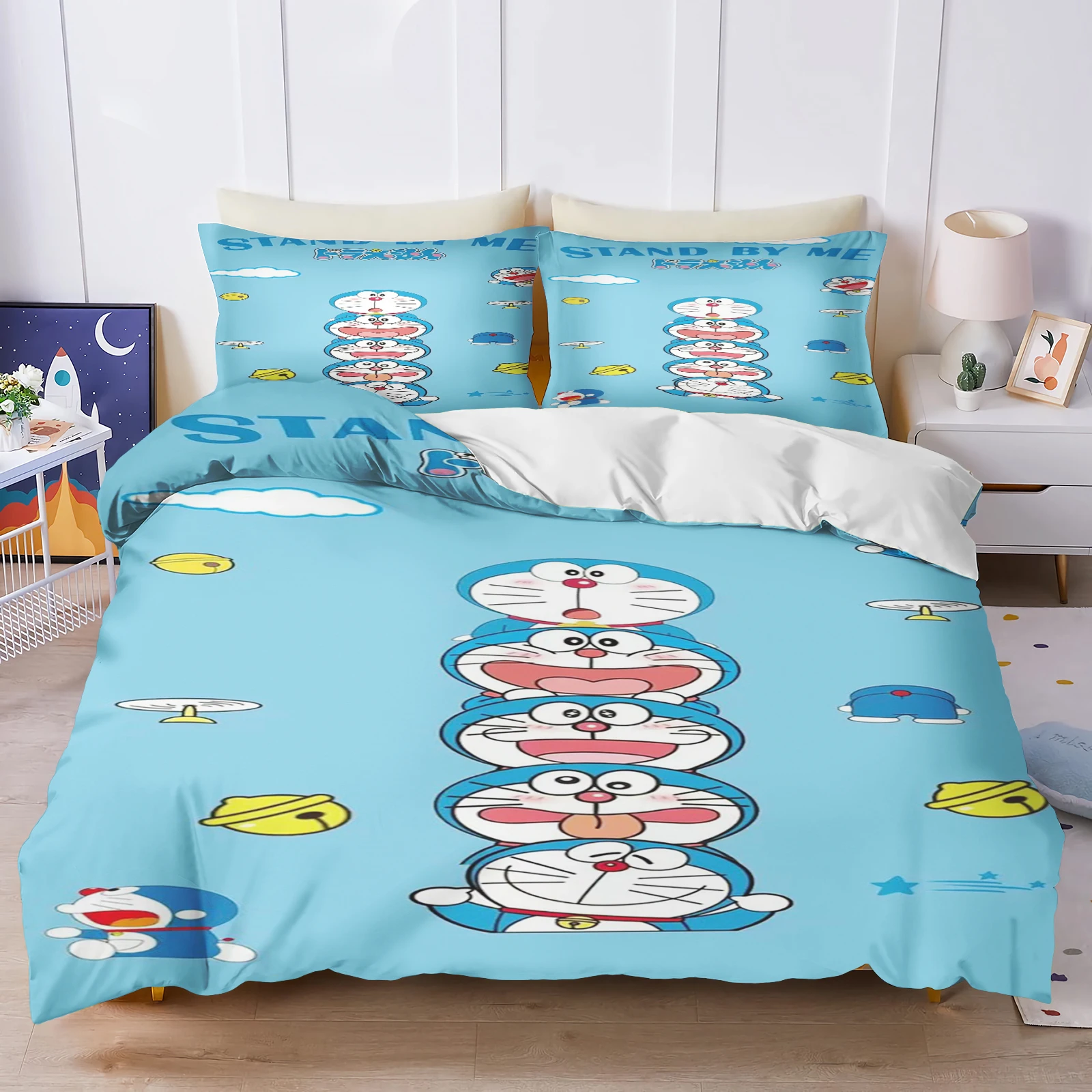 Blue Printed Cartoon Doraemon Duvet Cover Home Pillowcase Set Adult Bedroom Children Comforter Bedding