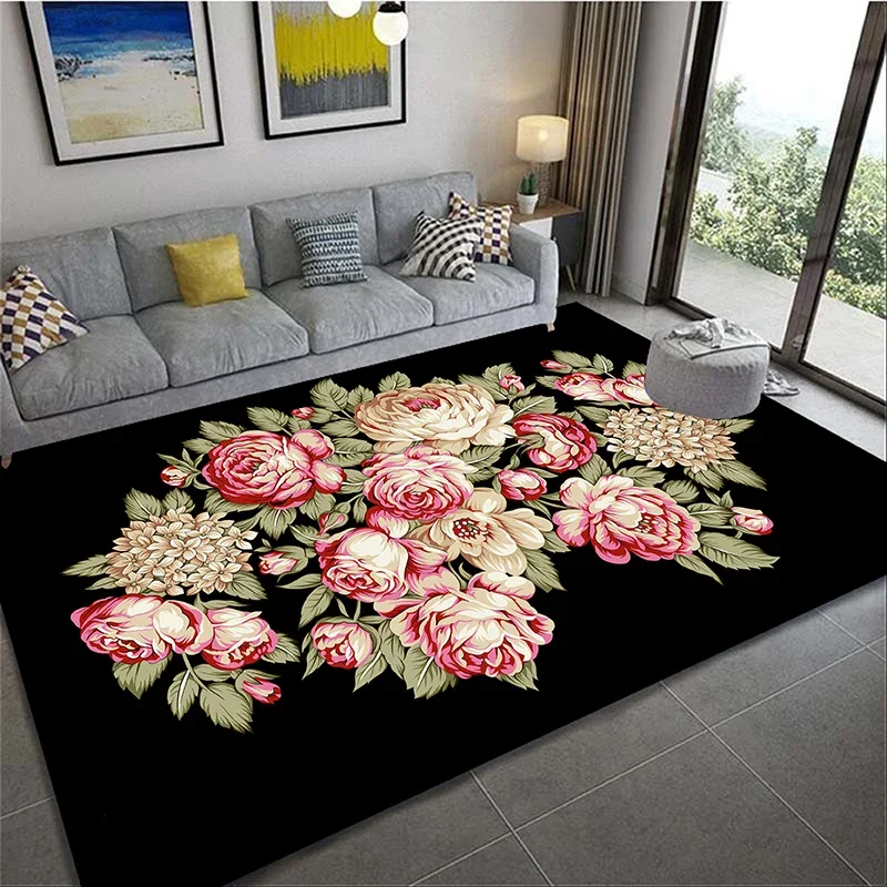 Romantic 3D Floral Pattern Peony Rose Rug Living Room Home Decor Sofa Table Rug Non-slip Chair Mat Leisure Floor Mat Home Decor