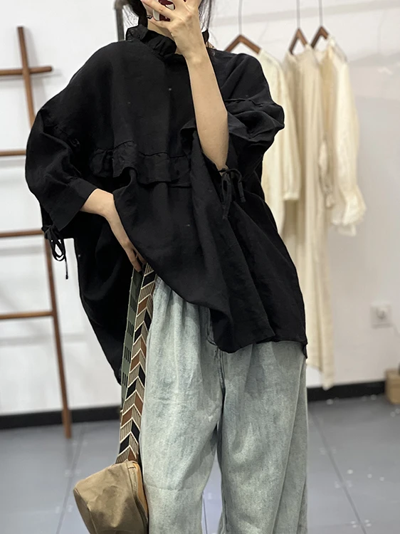 

Artistic Summer 2025 Linen Doll irt Loose Lazy Anti-Aging Versatile Wood ain Splicing Flounce Collar Vintage Sle