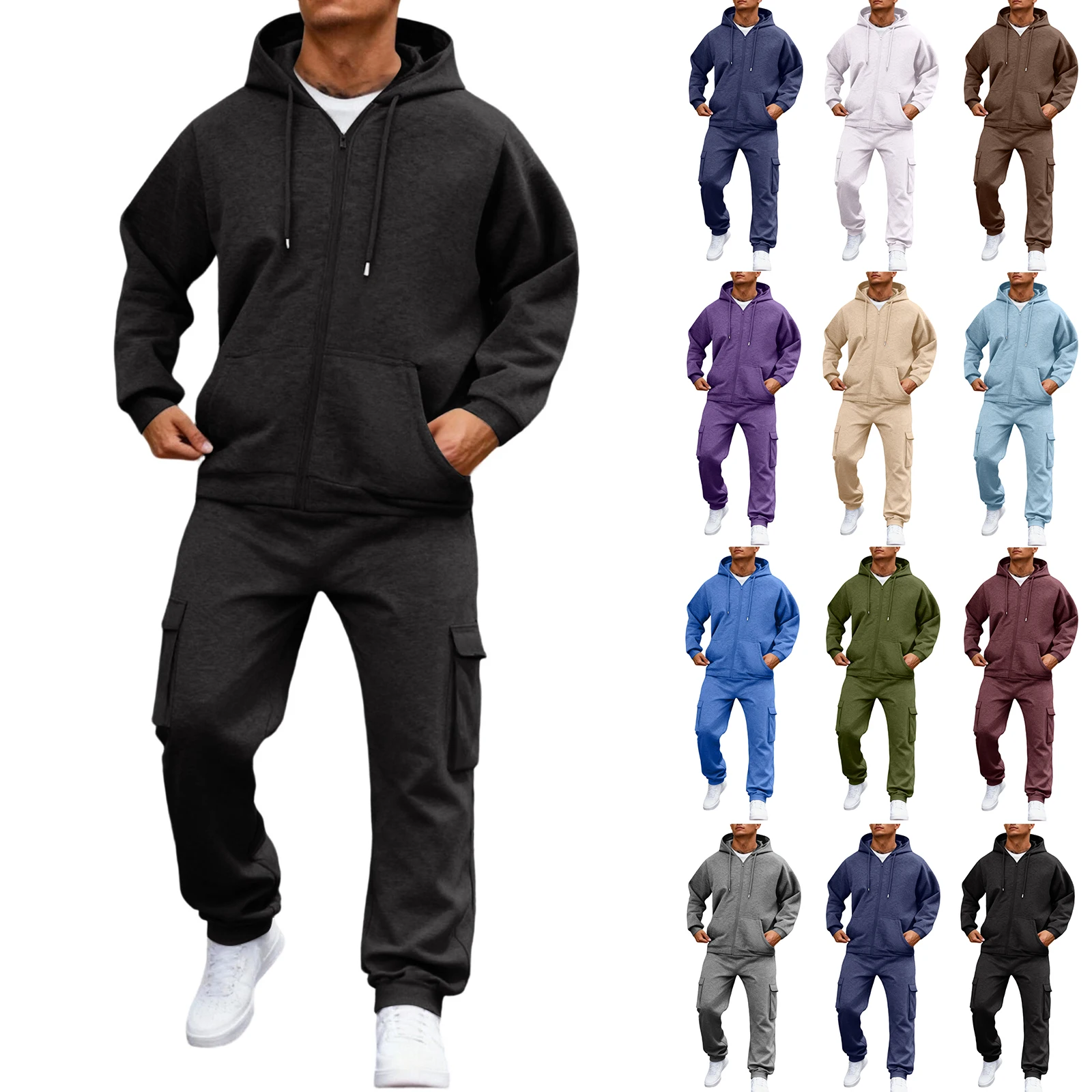 

Men's Fleece Lined Thermal Two Piece Tracksuit Hooded Sweatshirt Jacket Joggers Casual Winter Outdoor Solid Color Tracksuit