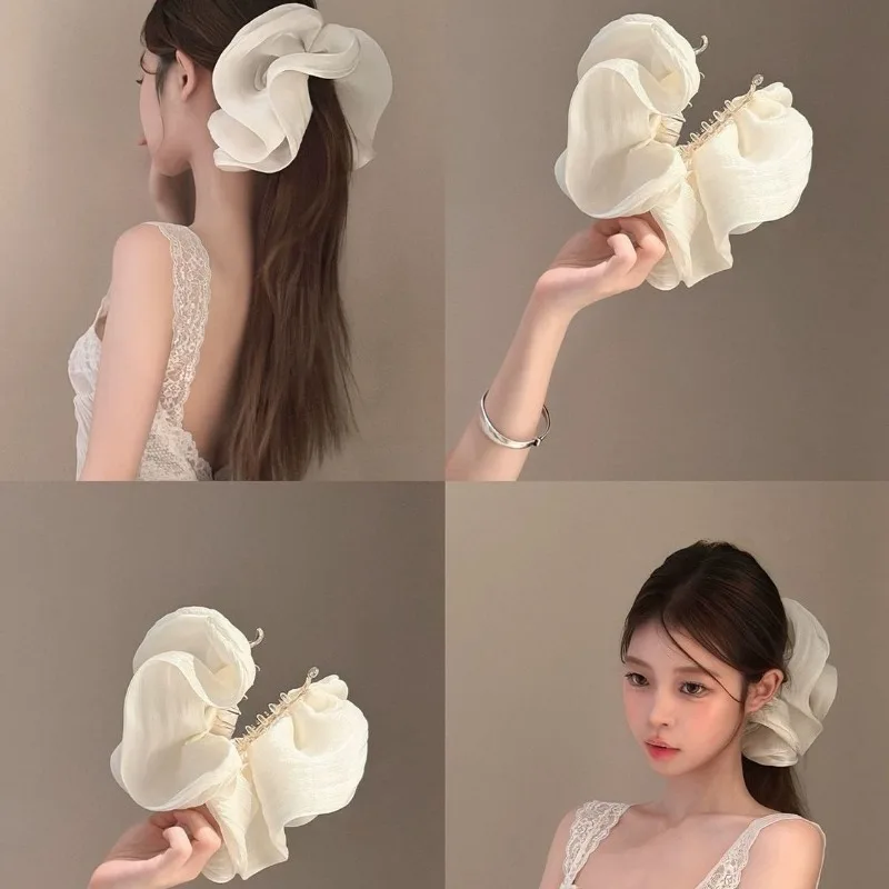 Chiffon Big Flower Hair Claw Clip Elegant Fabric Hair Grips Women Half Up Hairstyle Hair Clamp Daily Wedding Hair Accessories