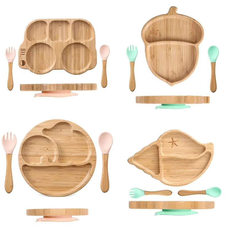Baby Feeding Tableware Set Silicone Fork Spoon BPA Free Children Tableware Suction Plate Bowl Bamboo Plate for Kids Dinner Plate