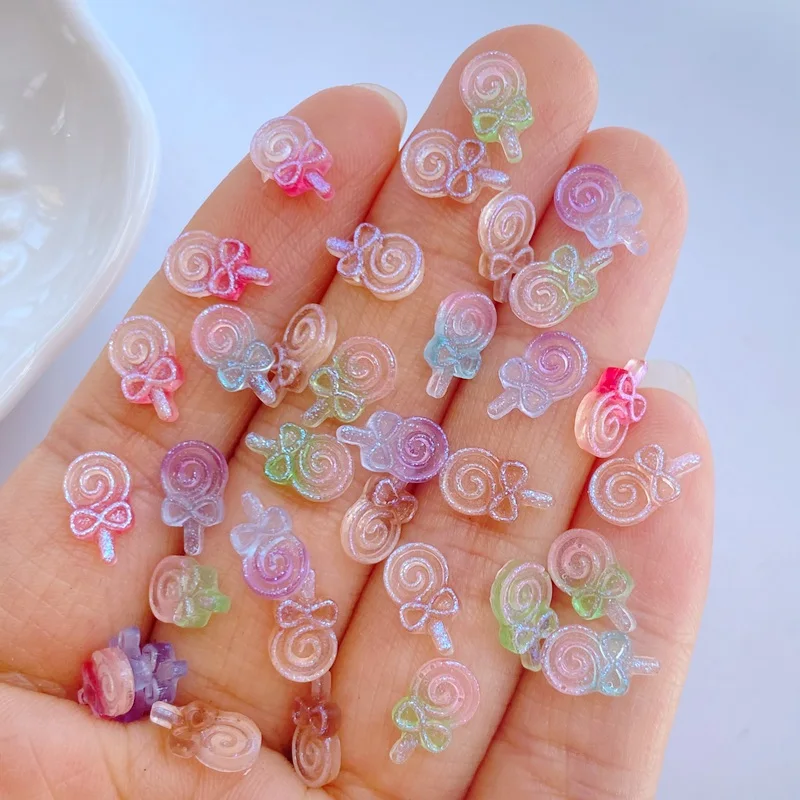 50Pcs New Cute Resin 6*10mm Shiny Lollipop Flat Back Fit Phone Manicure Deco Anicure Embellishments For Hair Bows Accessories