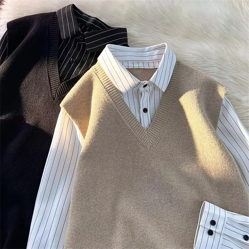 

Мужской вязаный жилет свободного кроя, осенний, модный, с V-образным вырезом, для многослойных образов, с бейсбольным воротником, однотонный, больших размеров, 250 фунтов, стиль Гонконг