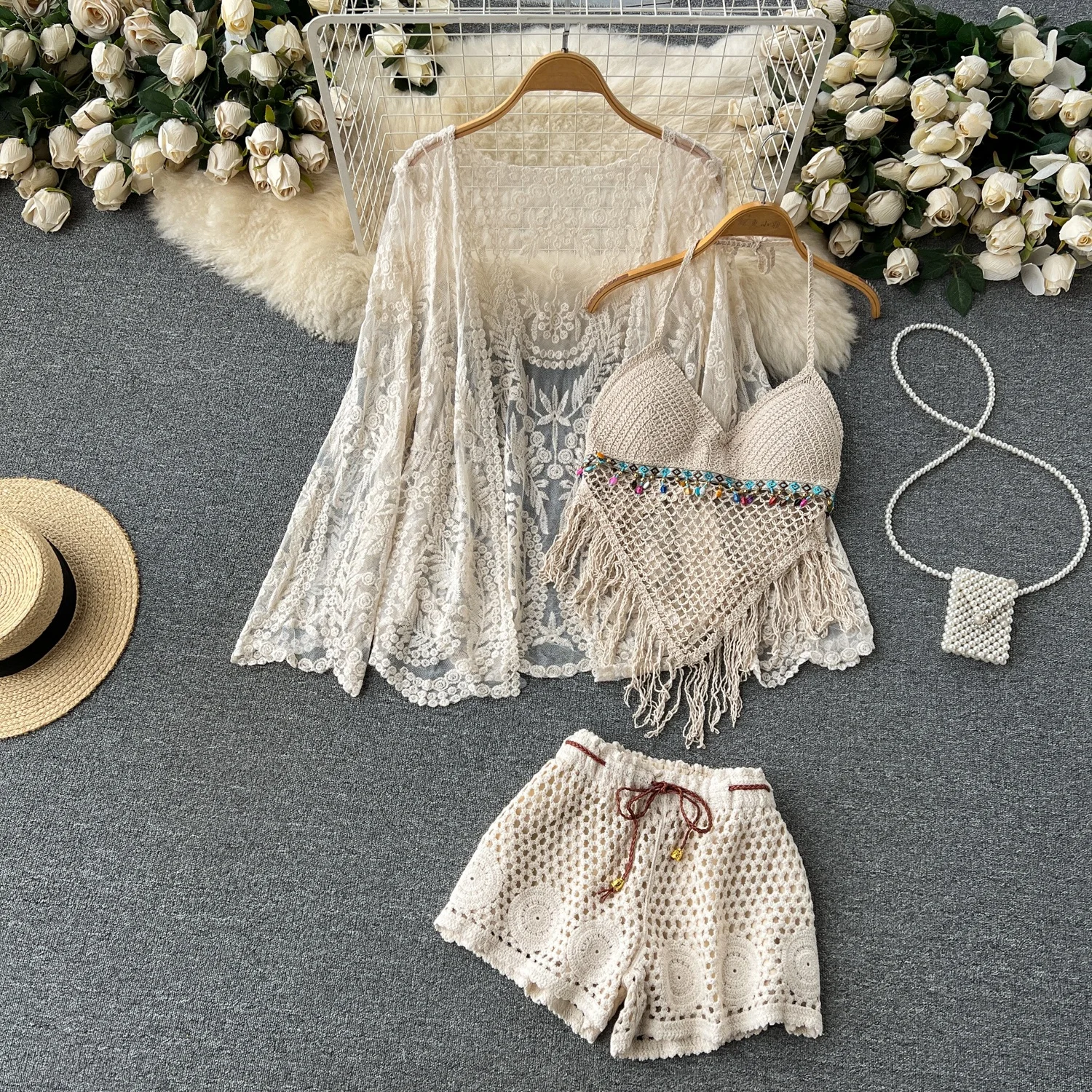 Summer New Sle Lace Embroidery Hollow out Ne Hanging Braid Top orts Tee Piece Set Women's Faionable Holiday Theme