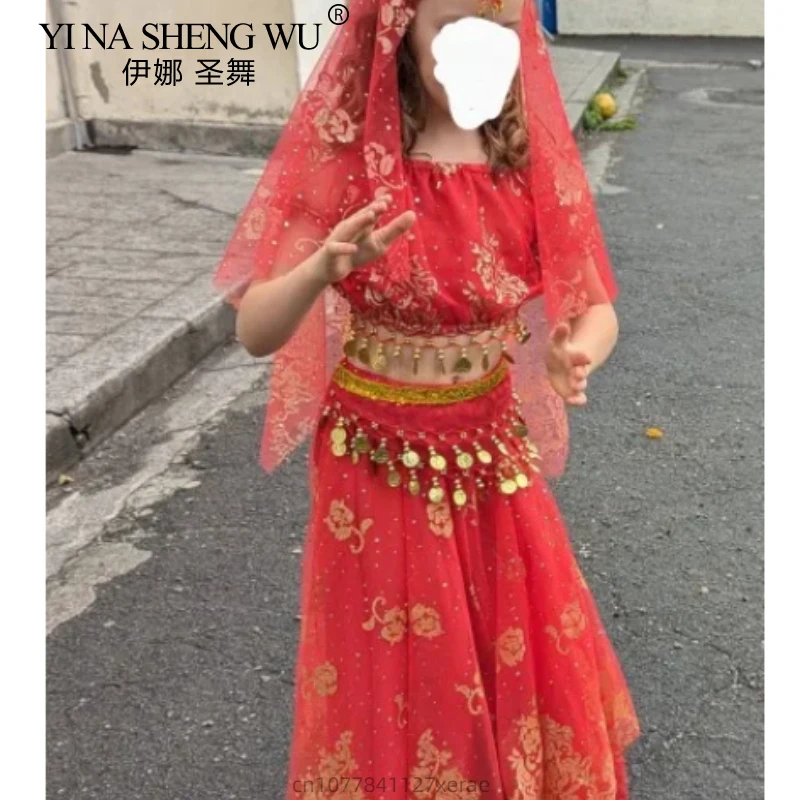 Indisches Bauchtanz-Kostüm für Kinder, ethnisches Performance-Outfit, Kindertag, Festival, Tanz-Set, neue Tanz-Stoff-Outfits