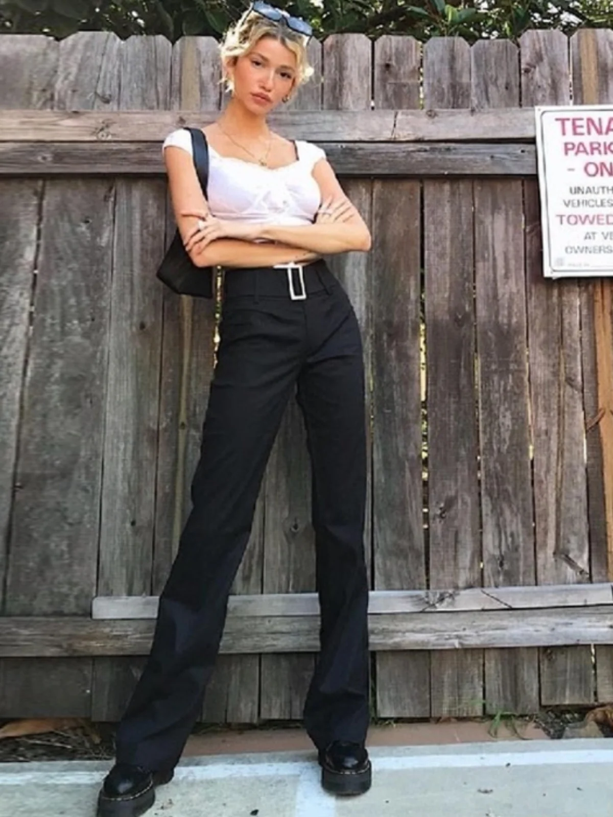 

Black Slimming High Waist Flared Pants Women's Street Style Casual Trousers with Square Buckle Long Leggings for Spring