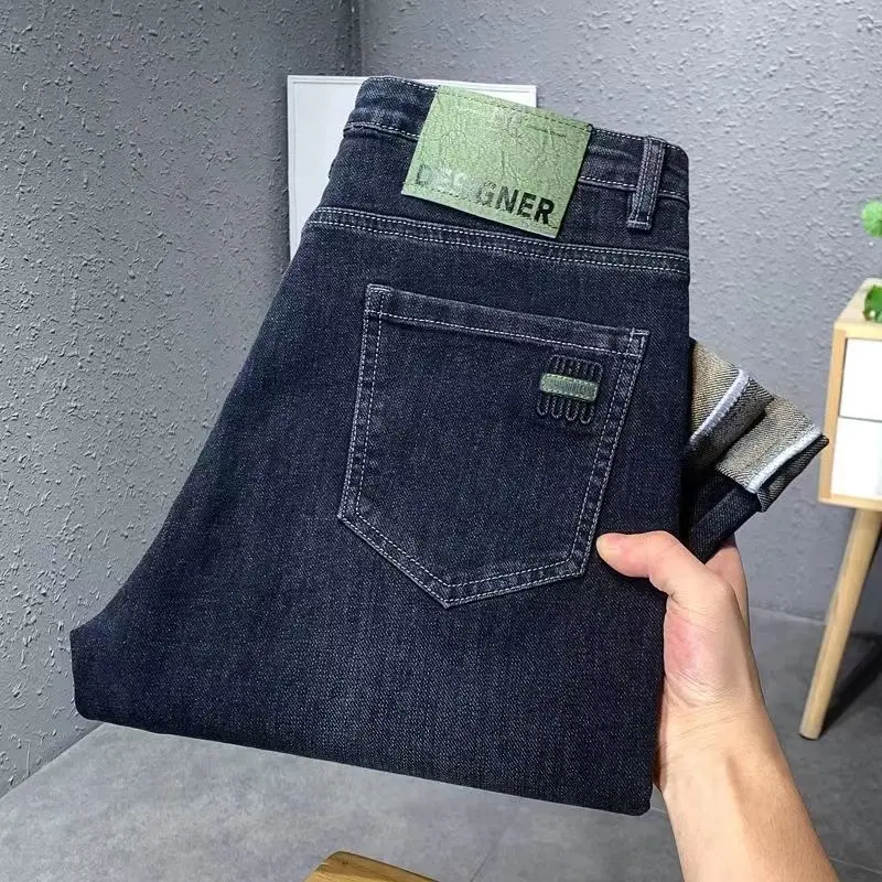 

Мужские джинсы с высокой талией, прямого кроя, облегающие, модные повседневные хлопковые брюки, средняя посадка, износостойкие, с множеством карманов