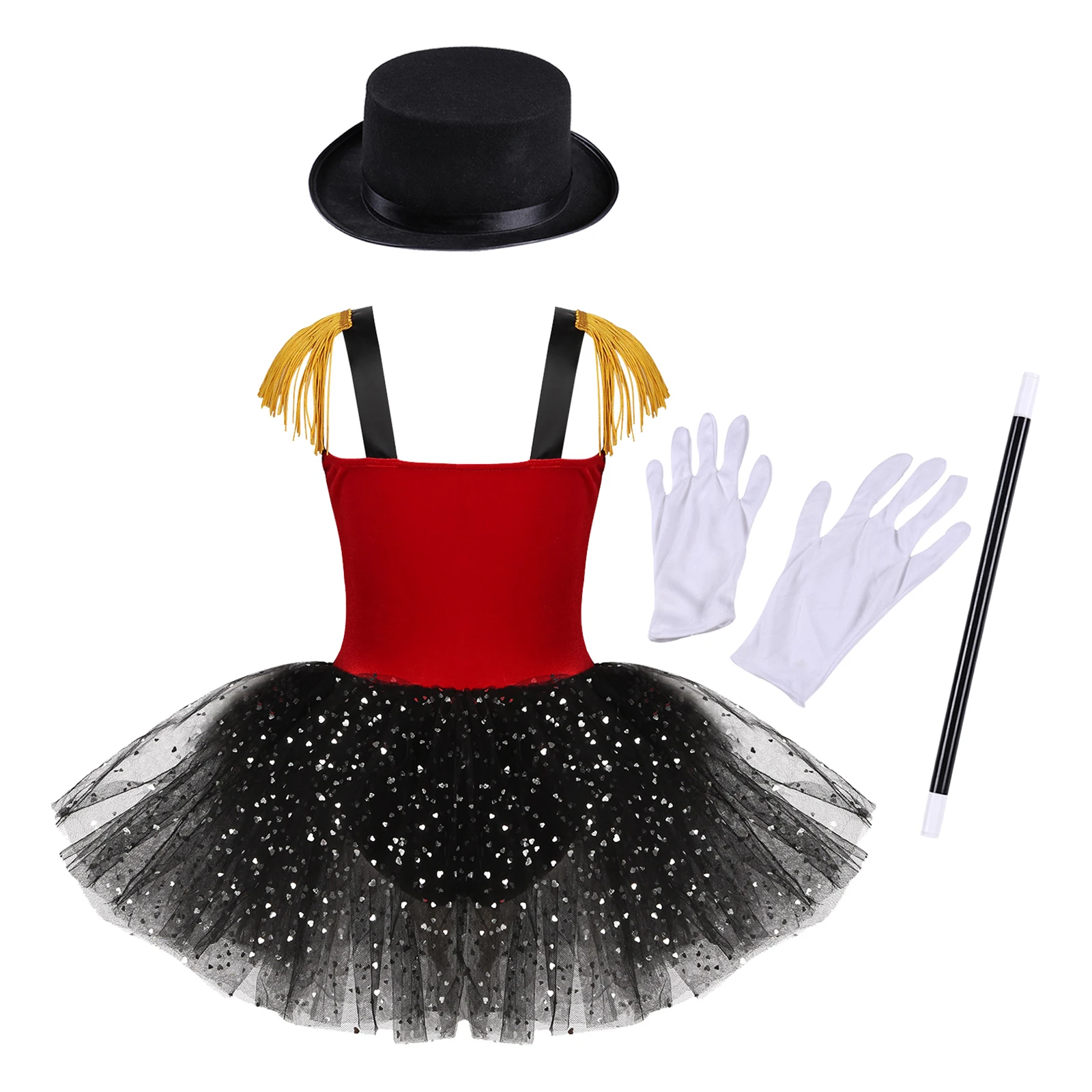 Kids Girls Sequins Tassel Ballet Leotard Skirted Circus Ringmaster Costume Halloween Lion Tamer Clown Witch Circus Tutu Dress