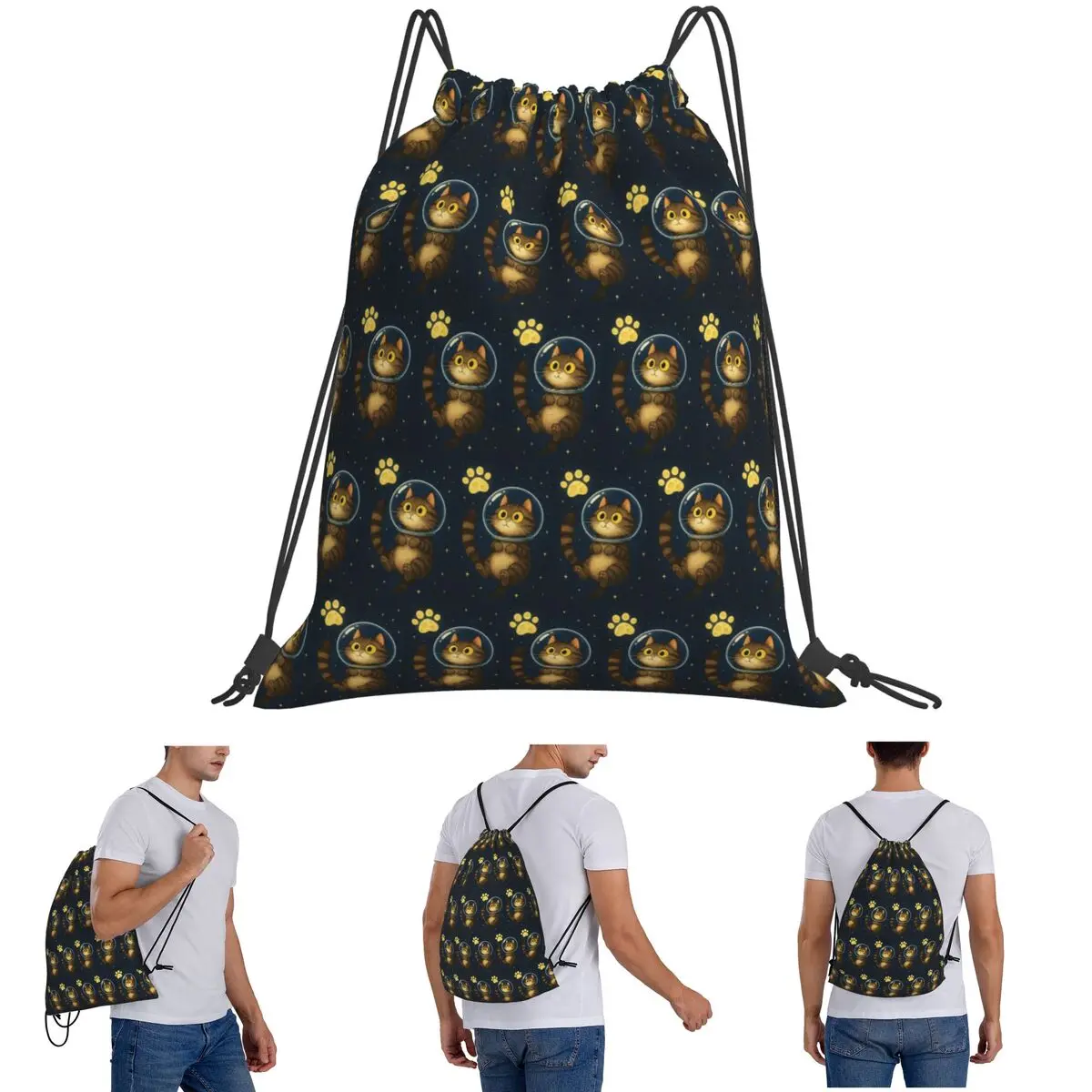 Space Cat With Paw Moon Astronaut Floating Backpacks Portable Drawstring Bags Shoes Bag Book Bags for Travel Students