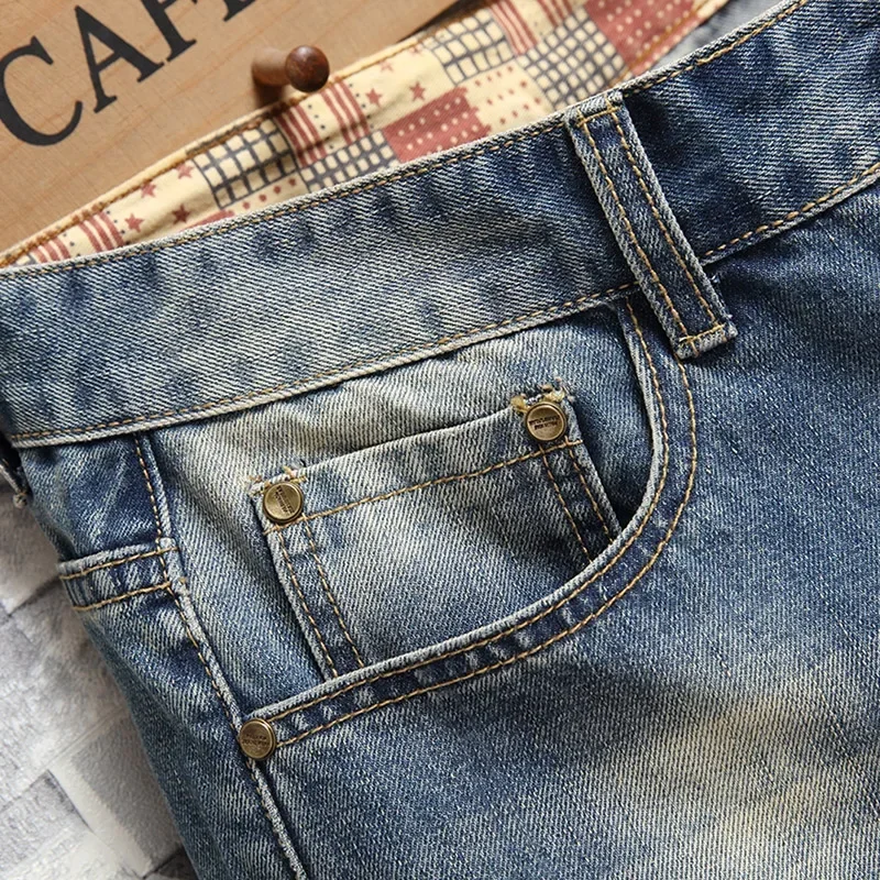 Summer New Style Retro Ripped Denim Shorts for Men Fashionable Ripped Straight Leg Slim Short Jeans Hip Hop Streetwear Male